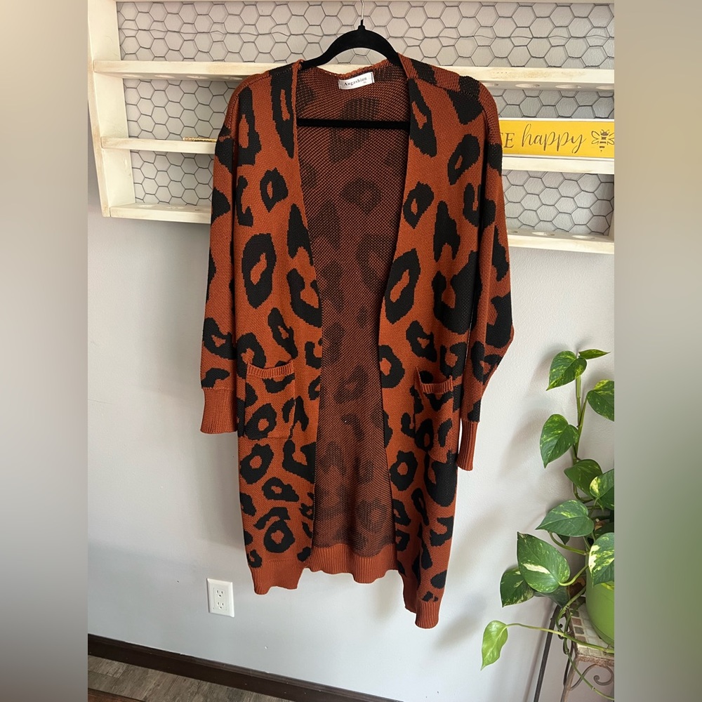 ANGASHION extra long cheetah print cardigan